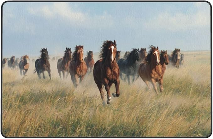 Horses Gallop Across The Grassland Area Rug Washable Outdoor Rugs Anti-Slip Soft Carpet Entryway Indoor Door Mat for Bedroom,Living Room,Porch,Terrace and Entrance Decor 9'x 6'