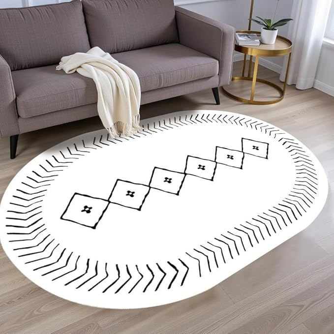 Simple Black and White Geometric Texture Bordered Area Rug 12x15 for Living Room Bedroom Dining Room Soft Washable Anti Slip Floor Mats Doormat Modern Minimalist Large Carpet Cozy Indoor Oval Rugs
