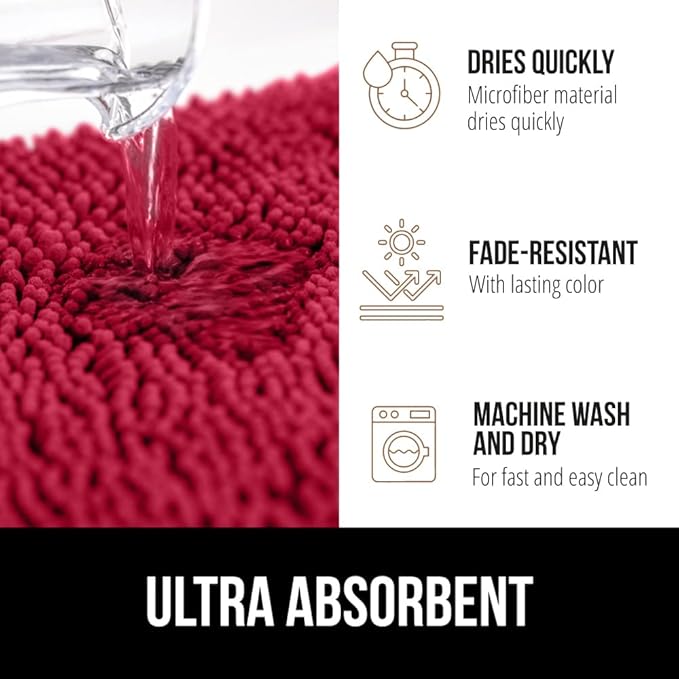 GORILLA GRIP Plush Absorbent Shaggy Chenille Bath Rug Mat for Oval Toilet Base with Rubber Backing, Machine Washable Rugs, Soft Microfiber Contour Mats for Toilets, Bathroom Decor, Red