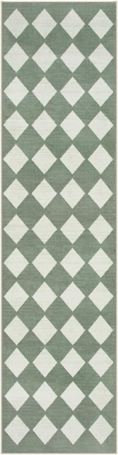 Lahome Checkered Washable 2x8 Green Runners for Hallways Non Slip, Ultra-Thin Kitchen Bathroom Runner Rugs, Moroccan Trellis Throw Carpet Runner for Bedroom Entryway Decor (2'x8',Green)