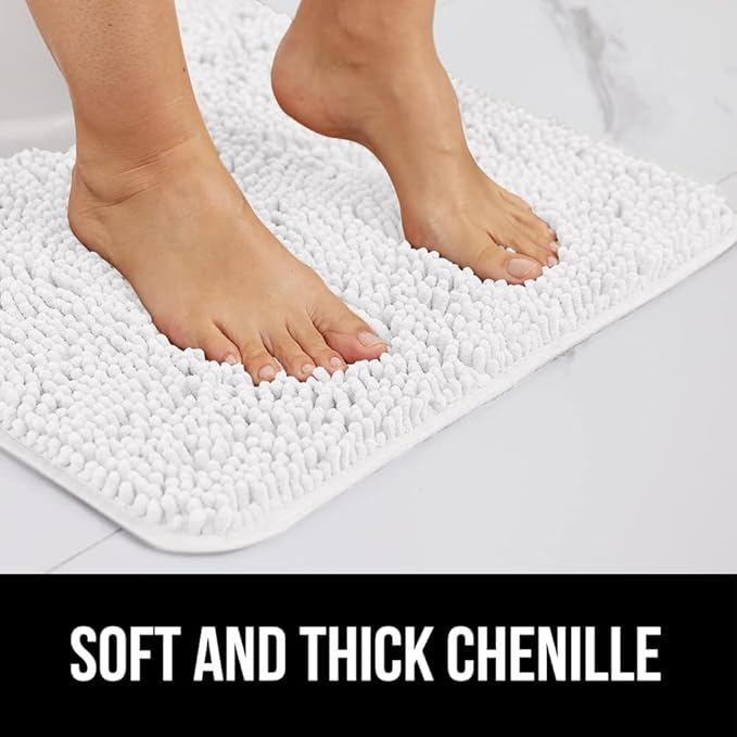 GORILLA GRIP Bath Rug Mat, Thick Soft Absorbent Chenille, Quick Dry Microfiber Mats, Rubber Backing Washable Shower Floor Rugs, US Designed Bathroom Bathmat Home Decor Accessories, 24x17, White