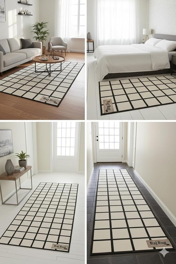 Handmade Wool Area Rug & Runner | Modern Grid Pattern Carpet for Living Room, Bedroom, Hallway & Home Décor | Multiple