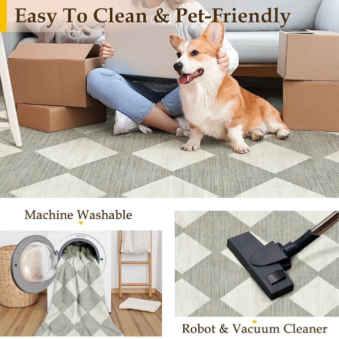 5x7 Checkered Area Rugs for Living Room Grey Machine Washable Large Rug Non-Slip Stain Resistant Low Pile Boho Accent Indoor Throw Carpet for Office Bedroom Dining Room Classroom