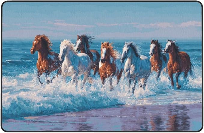 Horse Run Gallop in Waves Ocean Area Rug Washable Outdoor Rugs Anti-Slip Soft Carpet Entryway Indoor Door Mat for Bedroom,Living Room,Porch,Terrace and Entrance Decor 9'x 6'