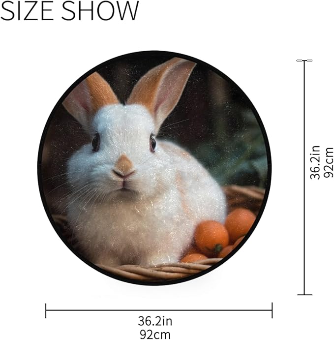 Soft and Cozy 3ft Small Round Rug Non-Slip, Washable Indoor/Outdoor Rug for Home Decor Adorable Bunny Eating Carrot Picnic Basket Print.