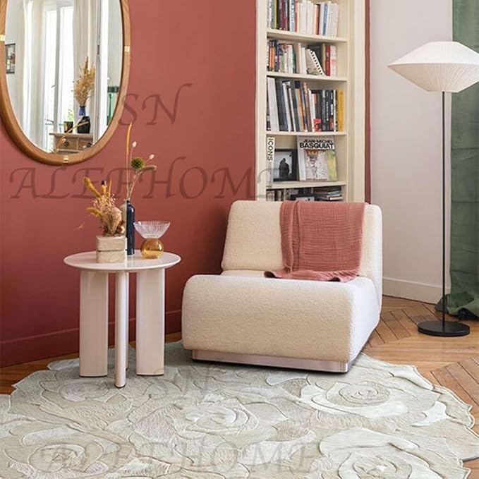 Round Floral Area Rug – Elegant Textured Rose Design – Soft Decorative Circle Mat with Non-Slip Backing for Living Room, Bedroom, Nursery, or Entryway (White_7x7 ft)