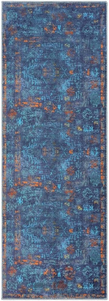 GLN Rugs Contemporary Collection - Machine Washable Area Rug, Contemporary Washable, Non Slip, Low Pile Chenille Rug, Living Room, Bedroom, Kitchen Rug (2'6" x 7' Midnight/Multi)