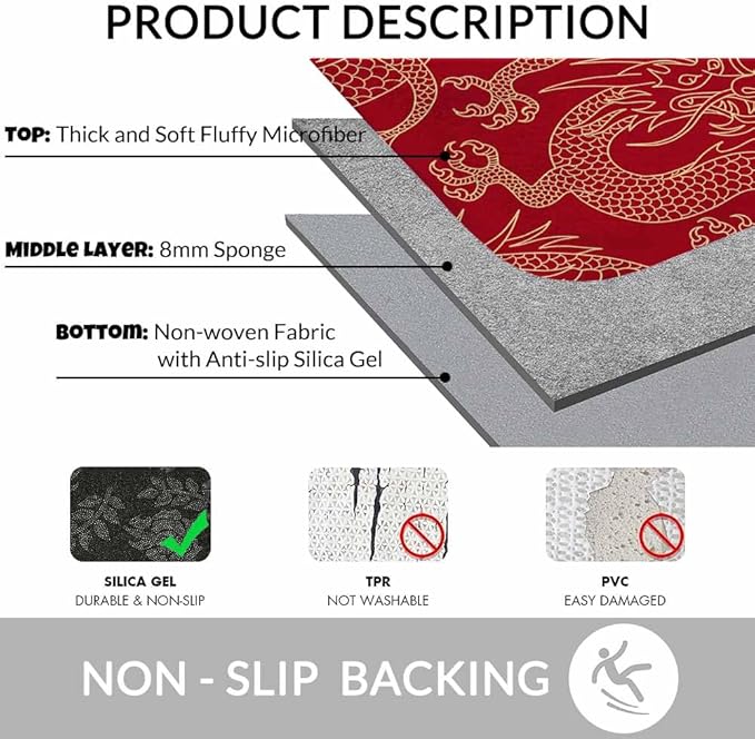 Dragon Bath Mat for Bathroom Traditional Flying Mascot Animal Chinese Dragons Red Bath Rugs Door Mat Non Slip Rubber Backed Bathroom Floor Mat for Bathtub Sink Shower 16"X24"