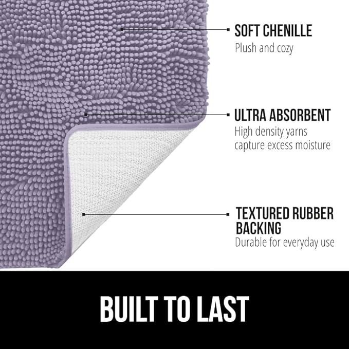 GORILLA GRIP Plush Absorbent Shaggy Chenille Bath Rug Mat for Square Toilet Base with Rubber Backing, Machine Washable Rugs, Soft Microfiber Contour Mats for Toilets, Bathroom Decor, Lt Purple