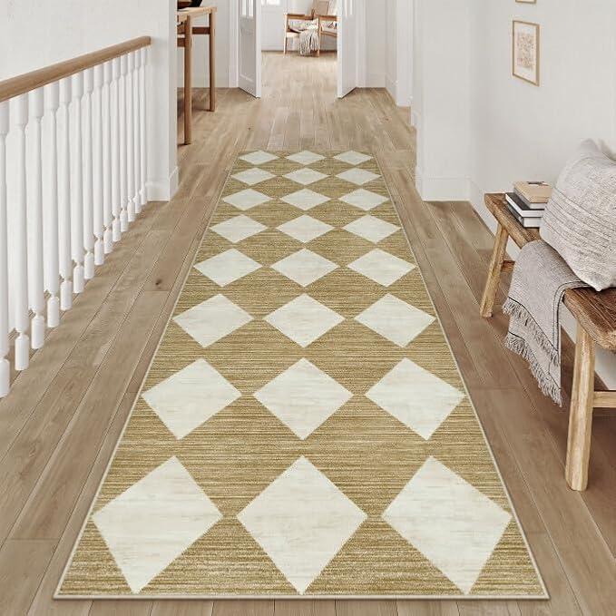 2x8 Runner Checkered Rug for Hallways Brown Washable Long Carpet Non-Slip Low Pile Boho Indoor Accent Throw Rug for Entrance Kitchen Bedroom Dining Laundry