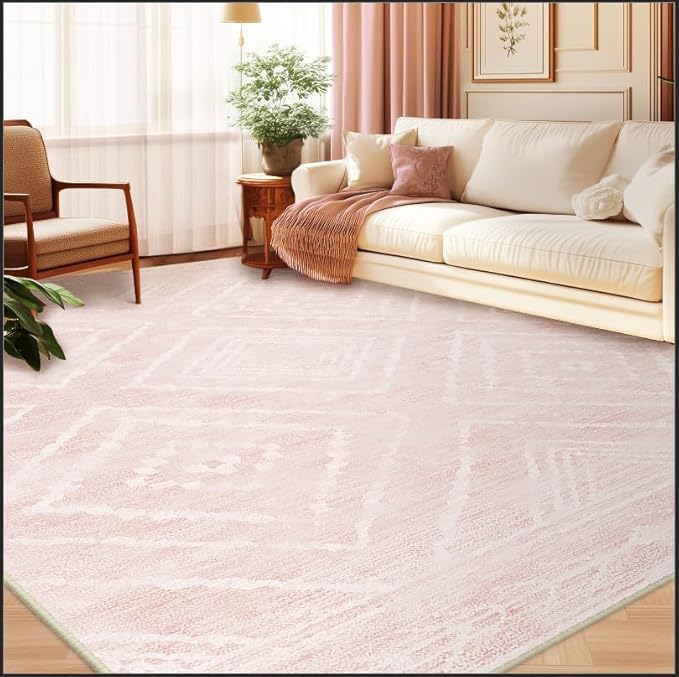 Area Rug 6x9 Rug Machine Washable Non-Slip Low Pile Print Pattern Western Rug for Living Room Bedroom Entryway Tribal Series -Light Pink/Cream