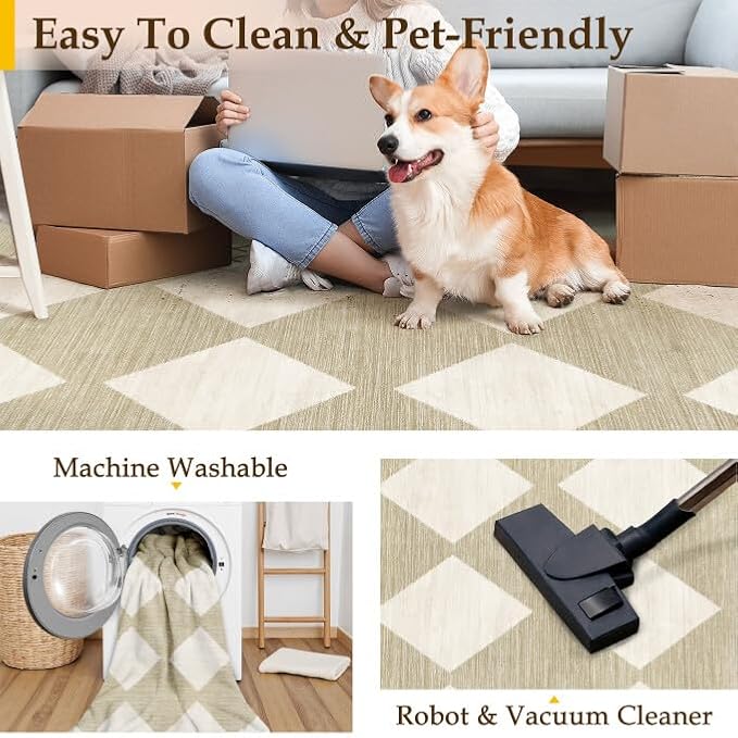 3x8 Runner Checkered Rug for Hallways Beige Washable Long Carpet Non-Slip Low Pile Boho Indoor Accent Throw Rug for Entrance Kitchen Bedroom Dining Laundry