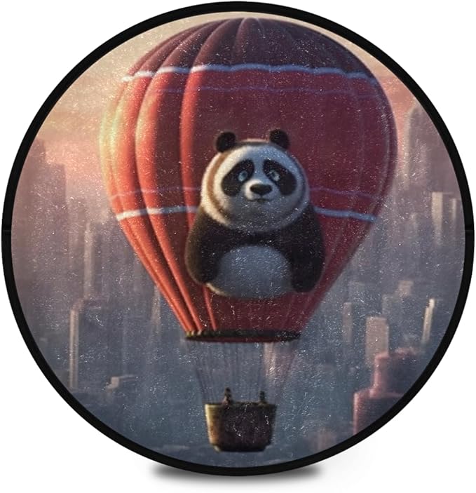 Round Non-Slip Area Rug Washable & Soft for Indoor/Outdoor Use Panda Hot Air Balloon Design Perfect Room Decor for Living Room, Bedroom, Office, Entryway & Bedside