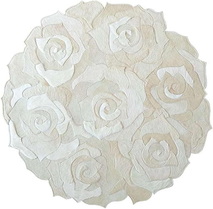 Round Floral Area Rug – Elegant Textured Rose Design – Soft Decorative Circle Mat with Non-Slip Backing for Living Room, Bedroom, Nursery, or Entryway (White_4x4 ft)