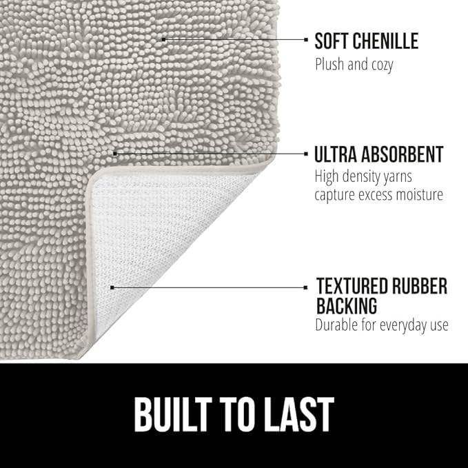 GORILLA GRIP Bath Rug Mat 30x20, Thick Soft Absorbent Chenille, Quick Dry Microfiber Mats, Rubber Backing Washable Shower Floor Rugs, US Designed Bathroom Bathmat Home Decor Accessories, Light Gray
