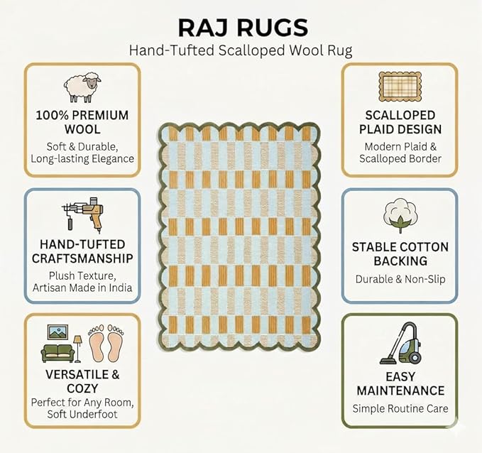 Handmade Woven Area Rug 5 x 8 ft with Scalloped Border, Cream and Mustard Checkered Pattern, Soft Decorative Rug for Living Room, Bedroom, Nursery