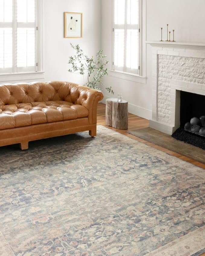 Loloi Hathaway Collection HTH-02 Denim/Multi 7'-6" x 9'-6", .25" Thick Area Rug, Soft, Durable, Printed, Modern, Low Pile, Non-Shedding, Easy Clean, Living Room Rug