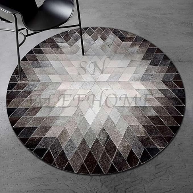 Cowhide Hairon Leather Round Rug, Geometric Patterned Circle Carpet for Living Room, Bedroom, Hall, Brown, 9×9ft