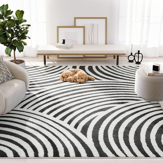 Abani Nomad Cream & Black Area Rug 6' x 9' for Living Room, Bedroom - Black Linear Curves Design - Durable & Easy to Clean