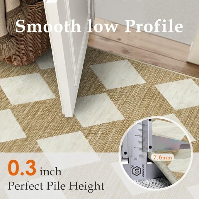 2x8 Runner Checkered Rug for Hallways Brown Washable Long Carpet Non-Slip Low Pile Boho Indoor Accent Throw Rug for Entrance Kitchen Bedroom Dining Laundry
