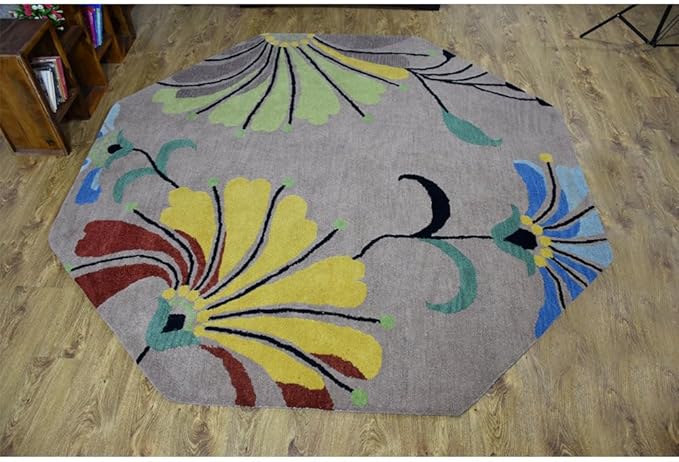 Rugsotic Carpets Hand Tufted Wool ECO-Friendly Area Rugs - 8'x8', Octagon Shape, Camel, Floral Modern Design, High Pile Thick Handmade Anti Skid Area Rugs for Living Room, Bed Room (K00219)