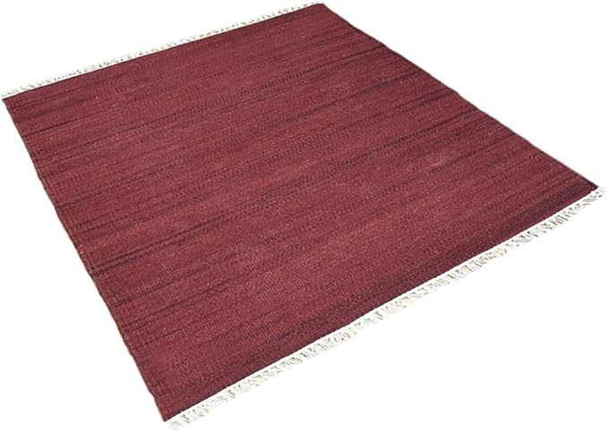 Rugsotic Carpets Hand Woven Flat Weave Kilim Wool ECO-Friendly Area Rugs - 6'x6', Square Shape, Dark Red Color, Solid Plain Design, Low Pile Handmade Area Rugs for Living Room, Bed Room (D00111)