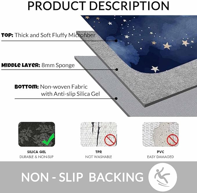 Stars and Clouds Bath Mats for Bathroom Dark Blue Watercolor Night Sky Galaxy Universe Space Floor Bath Rugs Machine Washable Bathmat Carpet Rug Room Decor for Shower Floor 16 X 24 inch Mat