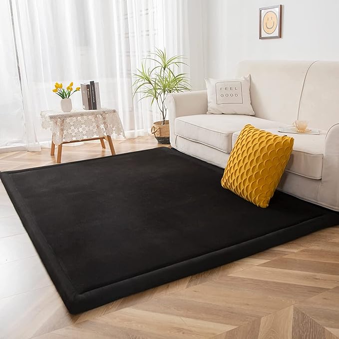 MAXYOYO Baby Play Mat, 1.2" Thick Memory Foam Soft Padded Carpet with Non-Slip Backing, 3x5 ft Japanese Tatami Rug Living Room for Kids, Toddler, Children, Nusery(Black)