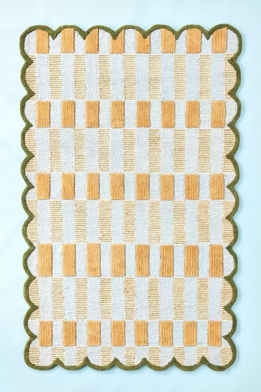 Hand-Tufted Wool Area Rug with Scalloped Edges, Beige and Green Plaid Pattern, Cozy and Soft Accent Rug for Living Room, Bedroom, and Nursery, Handmade Decorative Rug