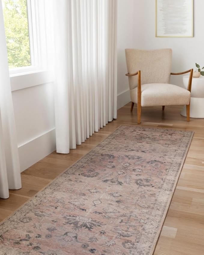 Loloi Hathaway Collection HTH-06 Blush/Multi 3'-6" x 5'-6", .25" Thick Accent Rug, Soft, Durable, Printed, Modern, Low Pile, Non-Shedding, Easy Clean, Living Room Rug