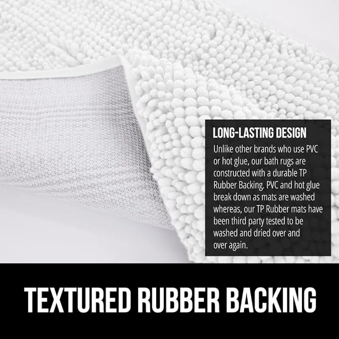 GORILLA GRIP Bath Rug Mat 44x26, Thick Soft Absorbent Chenille, Quick Dry Microfiber Mats, Rubber Backing Washable Shower Floor Rugs, Bathmat Runner, US Designed Bathroom Home Decor Accessories White