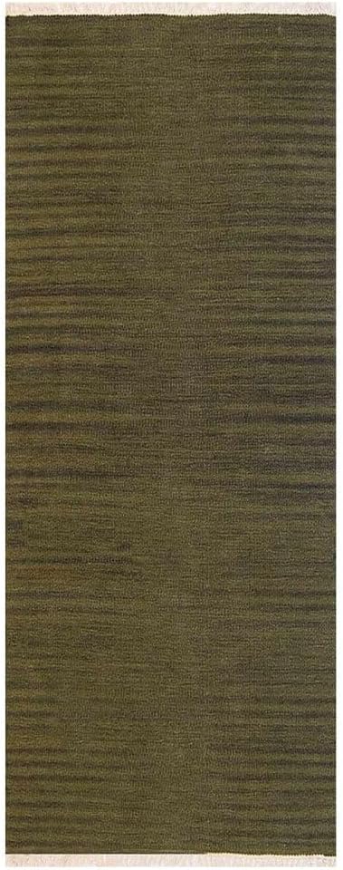 Rugsotic Carpets Hand Woven Flat Weave Kilim Wool ECO-Friendly Area Rugs - 2'6''x12', Runner Shape, Olive Color, Solid Plain Design, Low Pile Handmade Area Rugs for Living Room, Bed Room (D00111)