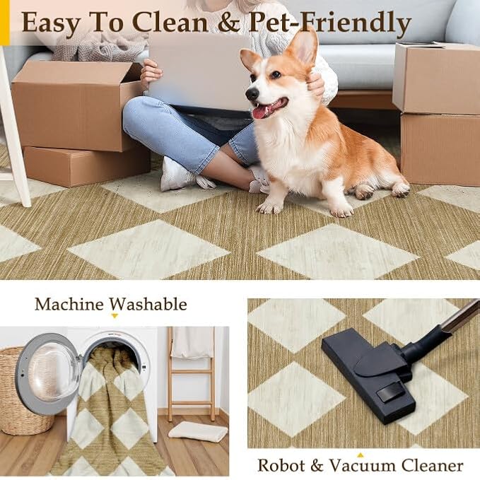 2x8 Runner Checkered Rug for Hallways Brown Washable Long Carpet Non-Slip Low Pile Boho Indoor Accent Throw Rug for Entrance Kitchen Bedroom Dining Laundry