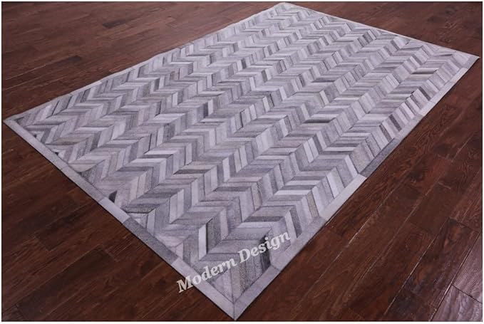 Modern Design Premium Cowhide Leather Carpet with Chevron Pattern, Area Rug (Natural Multi Grey, 4x6)