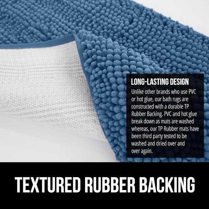 GORILLA GRIP Bath Rug Mat 44x26, Thick Soft Absorbent Chenille, Quick Dry Microfiber Mats, Rubber Backing Washable Shower Floor Rugs, Bathmat Runner, US Designed Bathroom Home Decor Accessories Blue