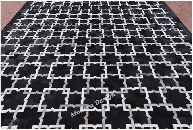Modern Design Premium Cowhide Leather Carpet with Chevron Pattern, Area Rug (Black/Grey/White, 10x14)