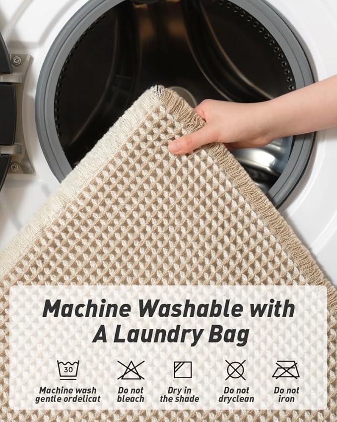 AMOAMI Upgraded Waffle Runner Rug Super Absorbent Non Slip Bath Mats for Bathroom Machine Washable Bathroom Runner Rug with Tassels, Ideal for Hallway Bedroom Laundry Room, 2' x 6', Brown & Cream