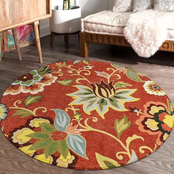Lahome Red Floral Round Rug - 4 ft Christmas Washable Round Area Rugs Small Non Slip Entryway Mat, Throw Circle Vintage Distressed Door Mat Soft Floor Carpet for Bedroom Living Room Bathroom Kitchen