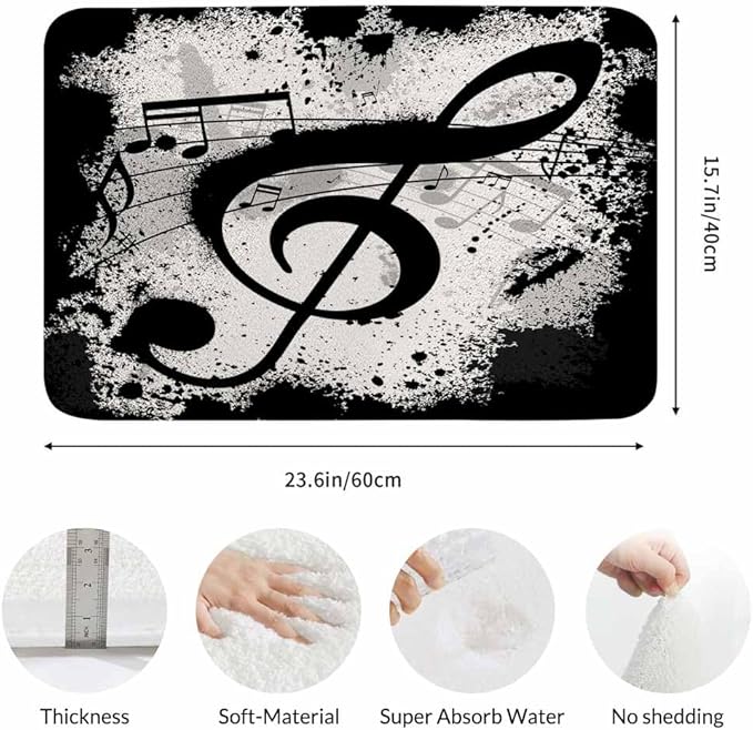 Music Notes Bath Mats for Bathroom Vintage Design Grunge Art Black Ground Silhouette Ink Splatter Floor Bath Rugs Machine Washable Bathmat Carpet Rug Room Decor for Shower Floor 16 X 24 inch Mat