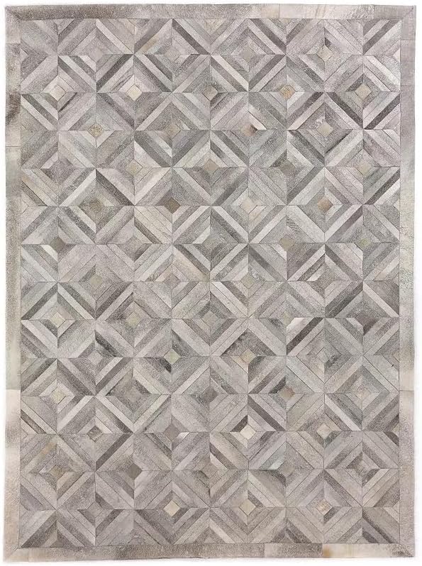 Premium Diamond Patterned Leather Area Rug - 6X9 ft - Silver- Luxury Non Slip Floor Accent for Dining Room, Living Room, Entryway, Elegant Collection Indoor Carpet