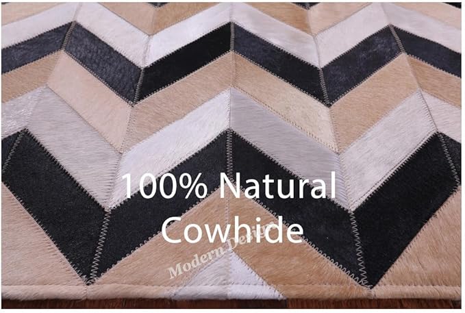 Modern Design Premium Cowhide Leather Carpet with Chevron Pattern, Area Rug (Beige/Black/Grey/Ivory, 5x8)