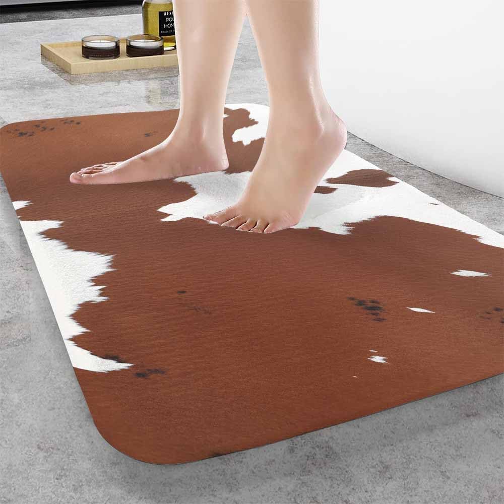 Cowhide Bathroom Mat Rugs Farm Animal Brown Cowhide Print Cow Microfiber Faux Cashmere Thick Plush Bath Mat Non-Slip Water Absorbent Bath Carpet for Bathtub Bathroom Floor Tub 16X24 Inch