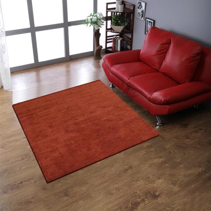 Hand Knotted Loom Wool ECO-Friendly Area Rugs - 6'x6', Square, Light Red Color, Solid Plain Design, High Pile Handmade Anti Skid Area Rugs for Living Room, Bed Room (L00111)