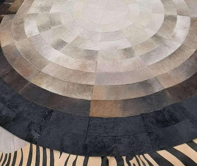 Round Faux Cowhide Leather Rug 10×10 ft – Brown & Beige Rustic Western Farmhouse Boho Concentric Patchwork Non-Slip Durable Faux Leather Area Carpet for Living Room, Bedroom & Office