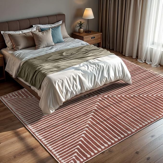 GLN Rugs Contemporary Collection - Machine Washable Area Rug, Contemporary Washable, Non Slip, Low Pile Chenille Rug, Living Room, Bedroom, Kitchen Rug (5' x 7' Beige Orange)