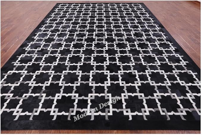 Modern Design Premium Cowhide Leather Carpet with Chevron Pattern, Area Rug (Black/Grey/White, 8x10)