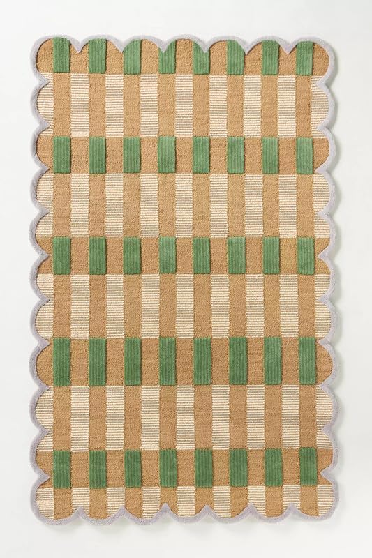 Handmade Scalloped Wool Area Rug - Modern Geometric Pattern, Green-Beige Stripes, Checkered Chevron Design - Soft, Durable Thick Carpet for Living Room, Bedroom (Green, 4' x 6')