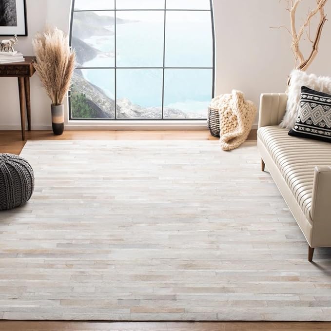 Cowhide Leather Rug for Living Room 4x6 Natural Leather Rug Modern Stripes Style Floor Carpet for Home Decor | Superior Indoor Area Rug, Washable Rug White