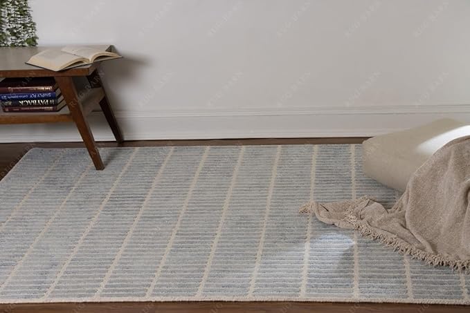 Capitola Hand-Tufted Wool Rug 7x11 Blue Coastal, Rustic Area Carpet for Bedroom Living Room, Textured Natural PB Style, Soft Wool Accent Mat