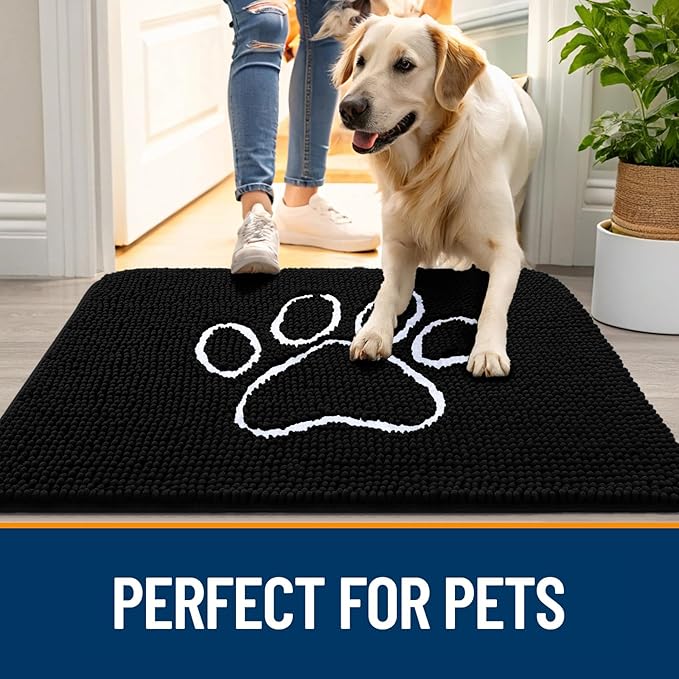 OLANLY Dog Door Mat for Muddy Paws 59x35, Paw Print Design, Absorbs Moisture and Dirt, Absorbent Non-Slip Washable Doormat, Quick Dry Chenille Mud Mat for Dogs, Entry Indoor Entryway Carpet, Black